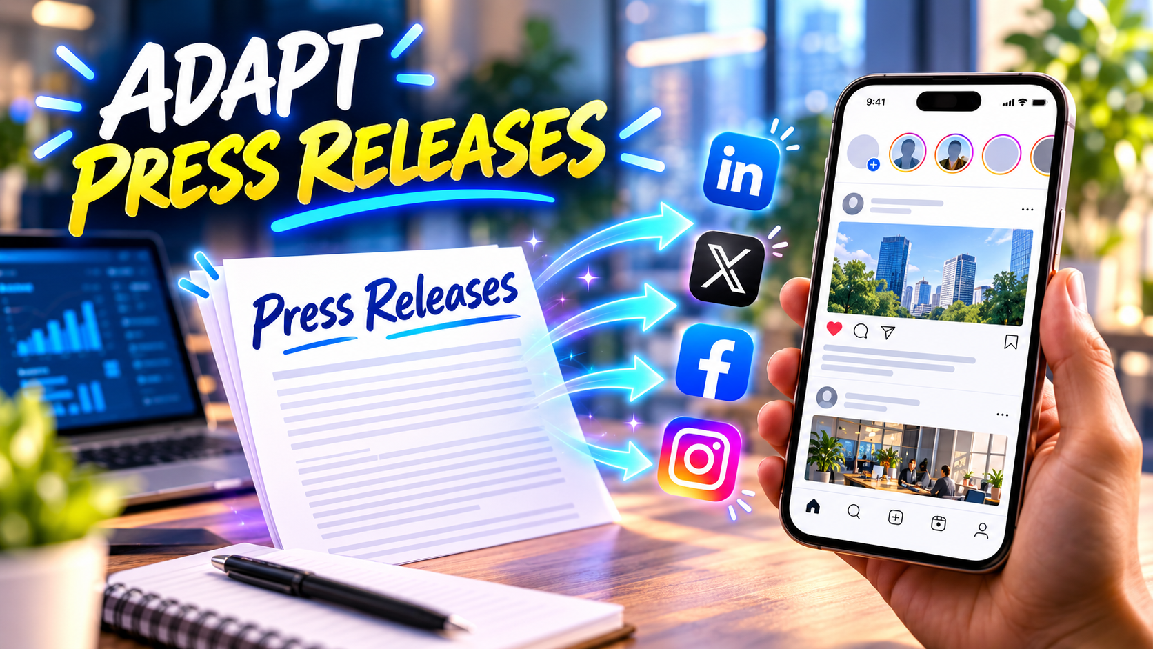 picture showing AI adapting content from press releases for further releast on social media.