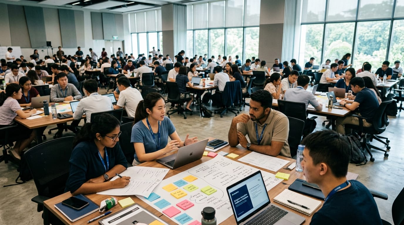 A photo of a hall with groups of people around tables, having discussions