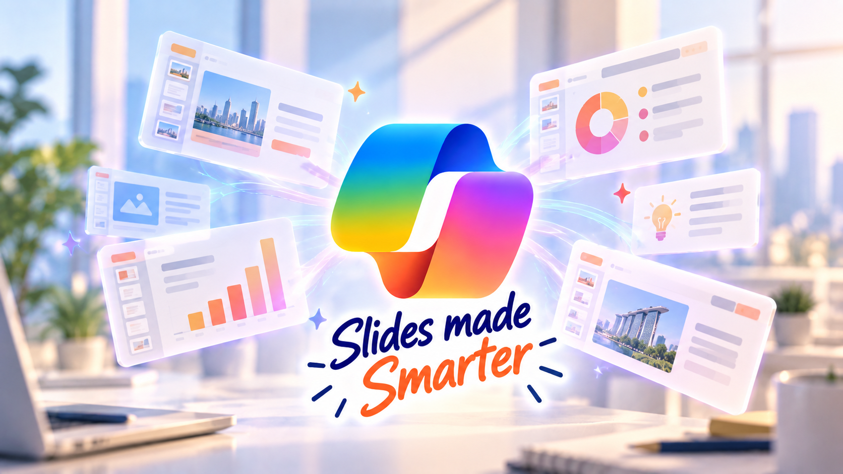 image showing copilot logo and overlays of powerpoint slides