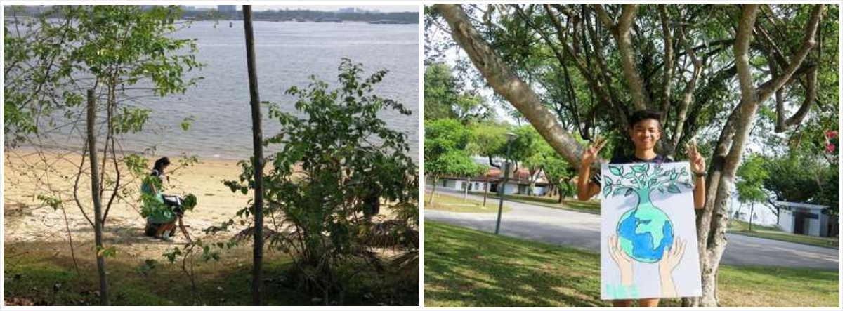 Two photos: a person sitting on a sandy riverbank, and a smiling child holding an Earth Day drawing outdoors.