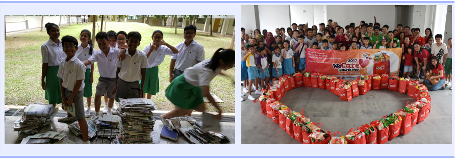 Students pose near stacked newspapers outdoors; a large group stands behind red bags arranged in a heart shape indoors.
