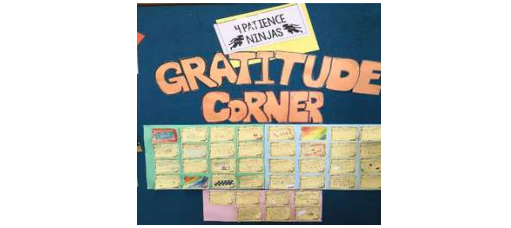 A blue bulletin board titled Gratitude Corner with rows of small handwritten notes and a sign reading 4 Patience Ninjas.