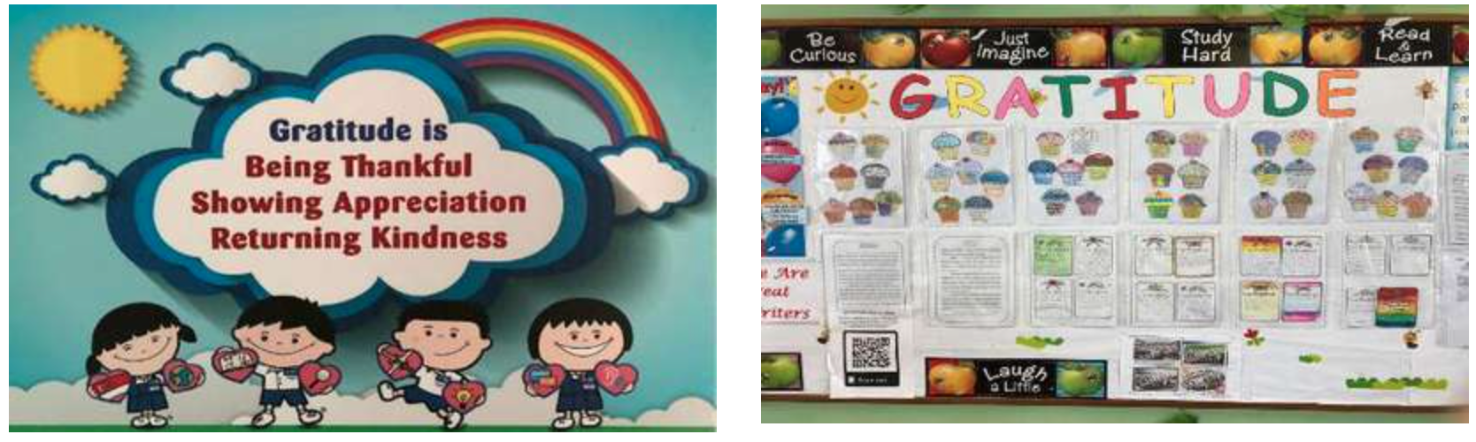 Two classroom displays about gratitude, one with cartoon kids and a rainbow, another a bulletin board with colorful cupcake artwork.