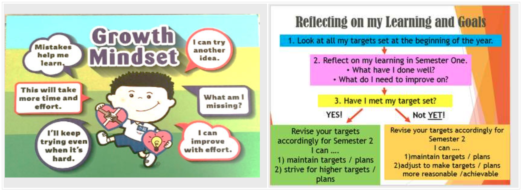 Two educational posters: a Growth Mindset poster with a cartoon boy and a flowchart on reflecting on learning and goals.