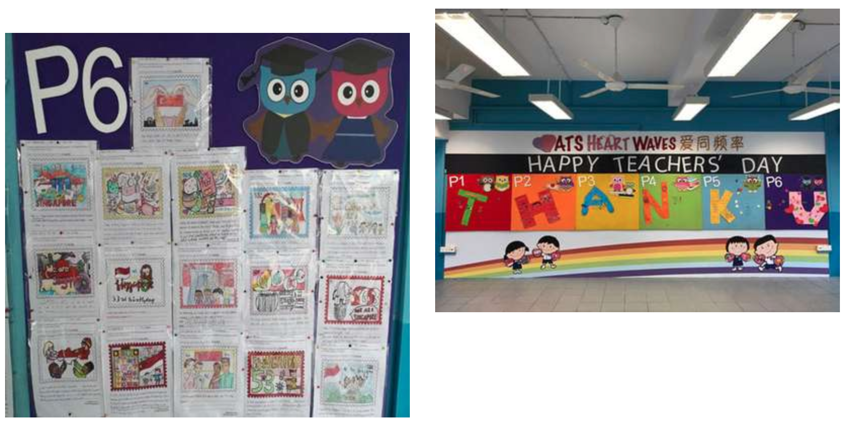 A P6 bulletin board with student drawings and a colorful Happy Teachers Day mural spelling THANK YOU by grade levels.