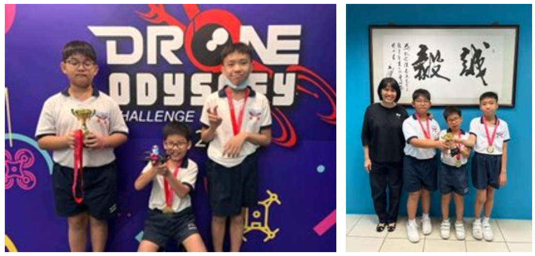 Three boys with medals and a trophy pose at a Drone Odyssey Challenge banner; right photo shows same boys with a teacher.
