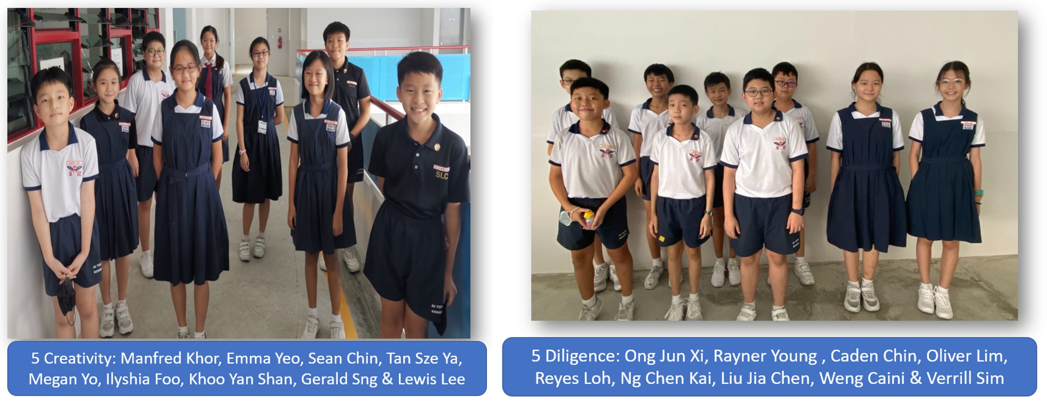 Two groups of school students in navy and white uniforms posing for class photos, labeled 5 Creativity and 5 Diligence.