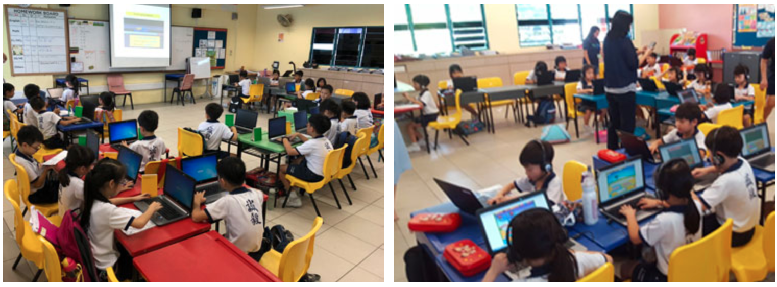 Young students in uniforms sit at colorful desks using laptops in two classroom scenes with a teacher present.