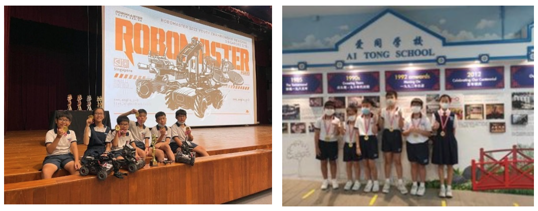 Students with robots at RoboMaster 2022 event and medal-wearing students posing at Ai Tong School.