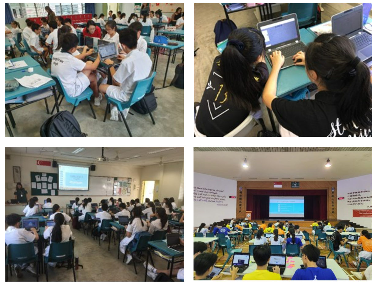 Four photos of students in classrooms and halls using laptops, with projected screens visible at the front.