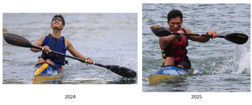 Two kayakers paddling on water, labeled 2024 and 2025, each wearing life jackets in yellow kayaks.