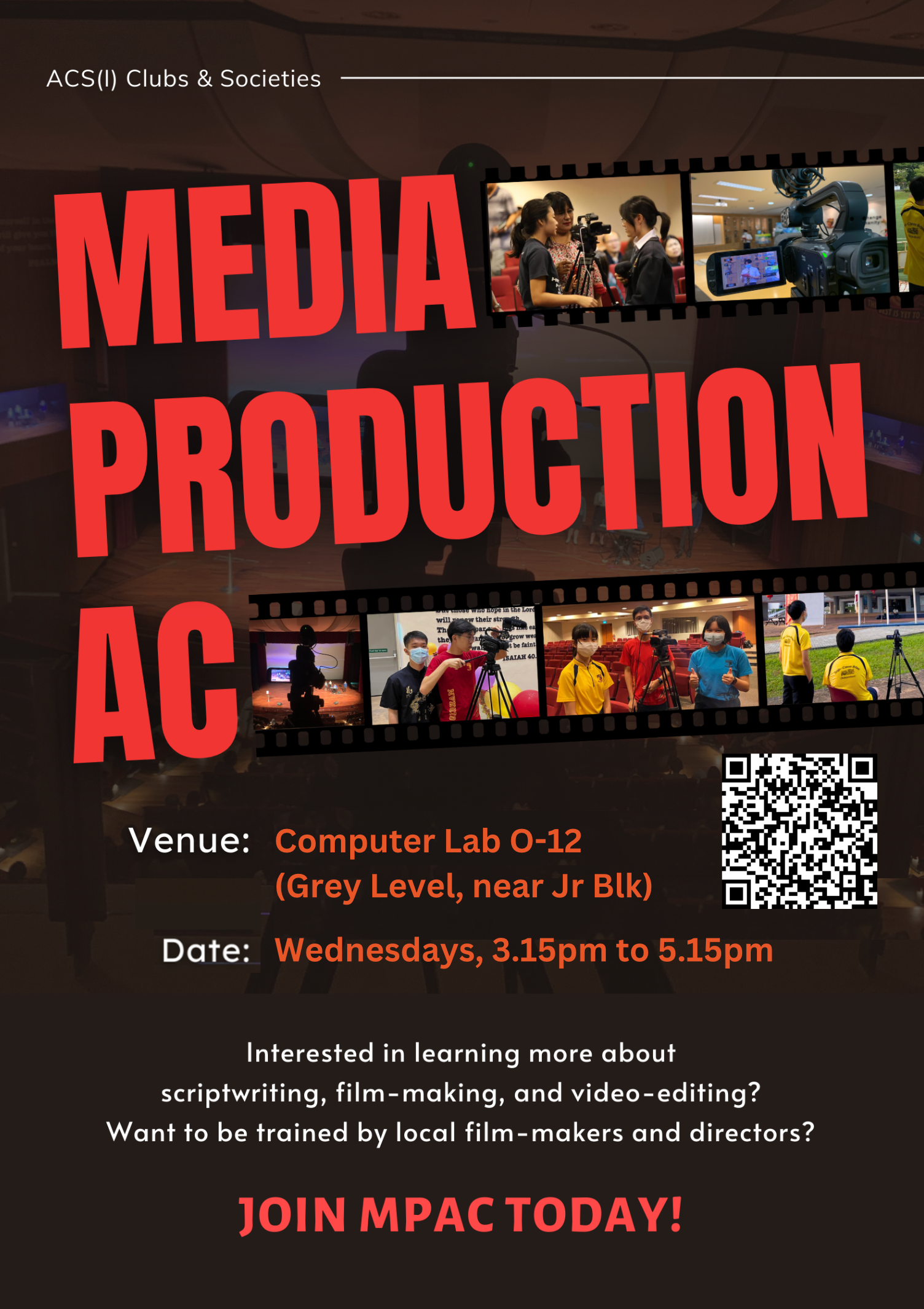 Poster for ACS(I) Media Production AC club, meeting Wednesdays 3.15–5.15pm at Computer Lab O-12.