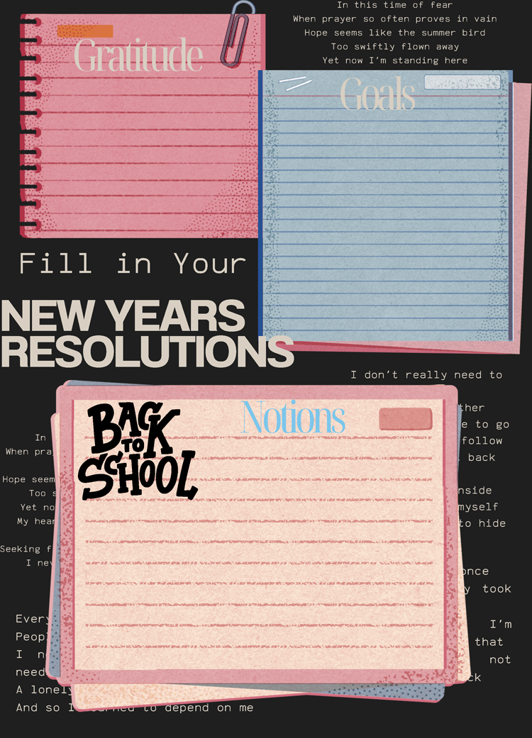 Blank lined notepads labeled Gratitude, Goals, and Notions with text Fill in Your New Years Resolutions and Back to School.
