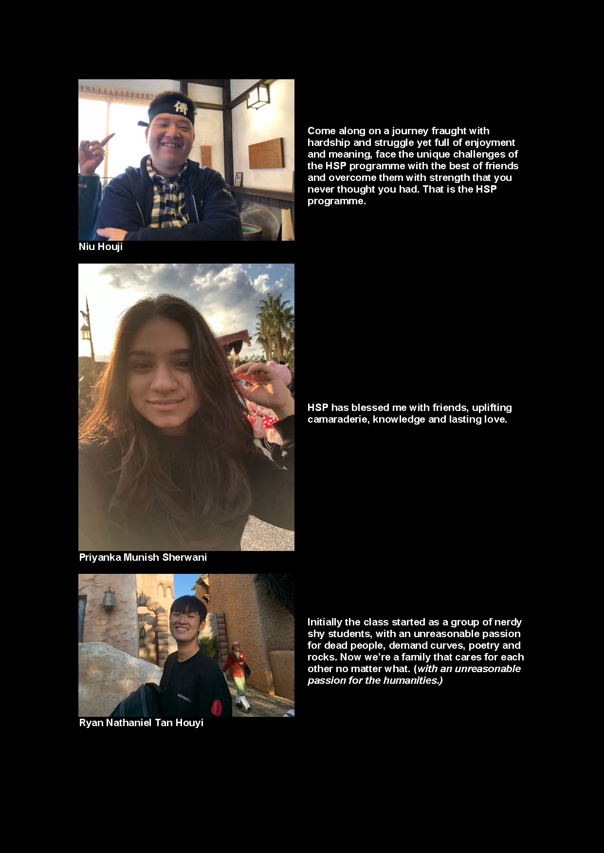 Three student profile photos with names Niu Houji, Priyanka Munish Sherwani, and Ryan Nathaniel Tan Houyi alongside quotes about the HSP programme.