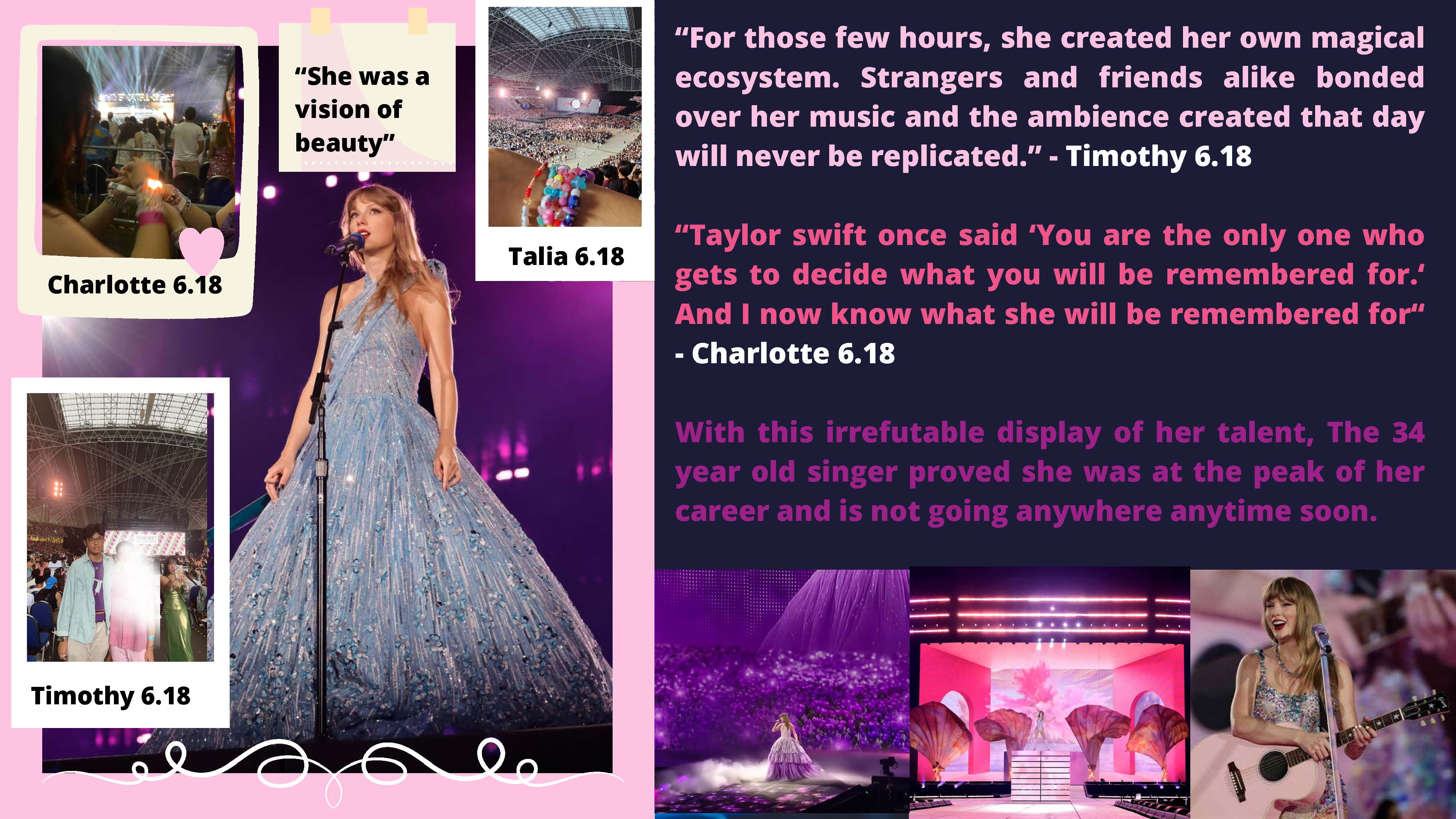 Fan review collage of a Taylor Swift concert featuring a performer in a blue gown, stage photos, and fan quotes.