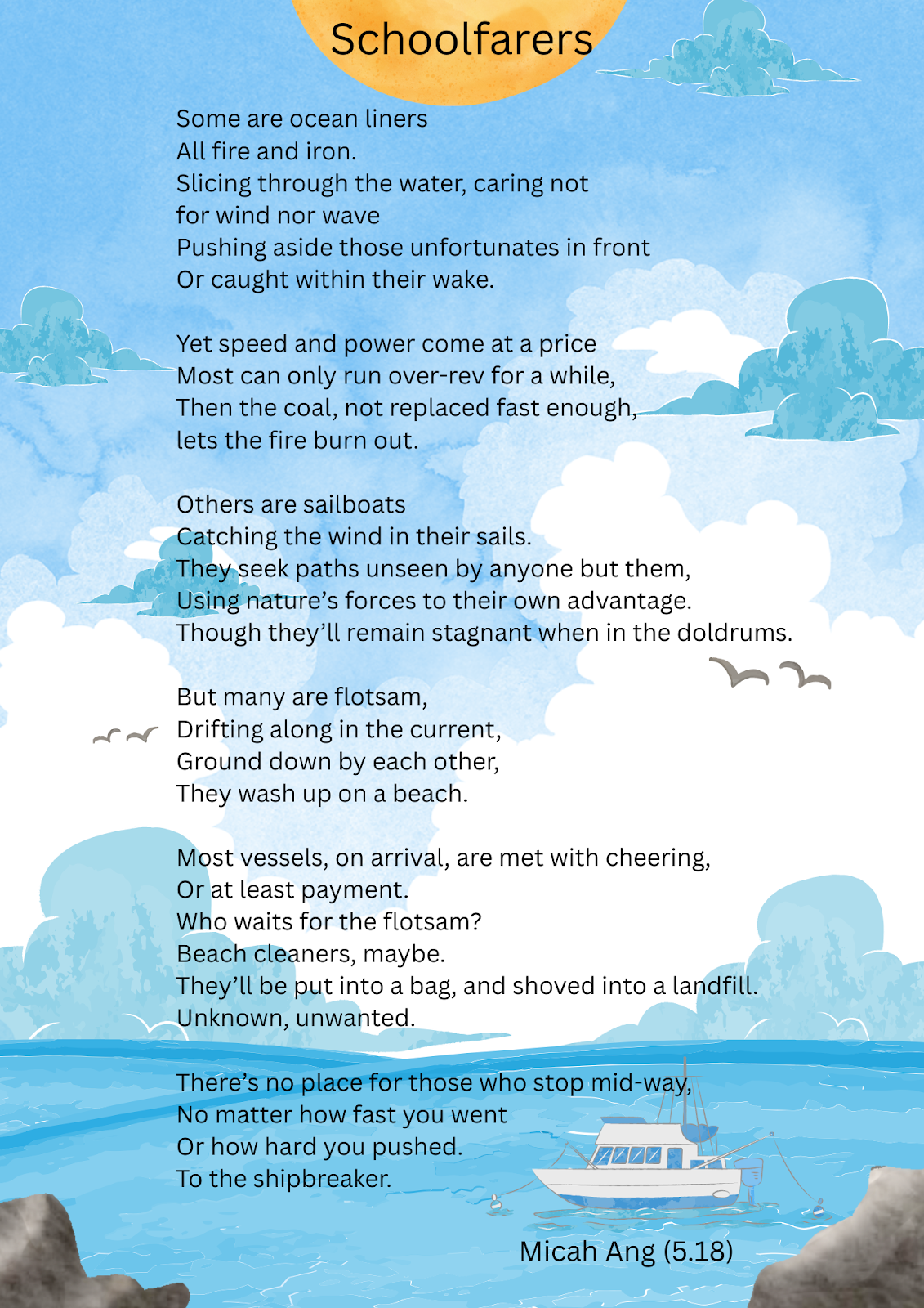 Poem titled Schoolfarers by Micah Ang on a blue sky and ocean background with illustrated clouds and a boat.