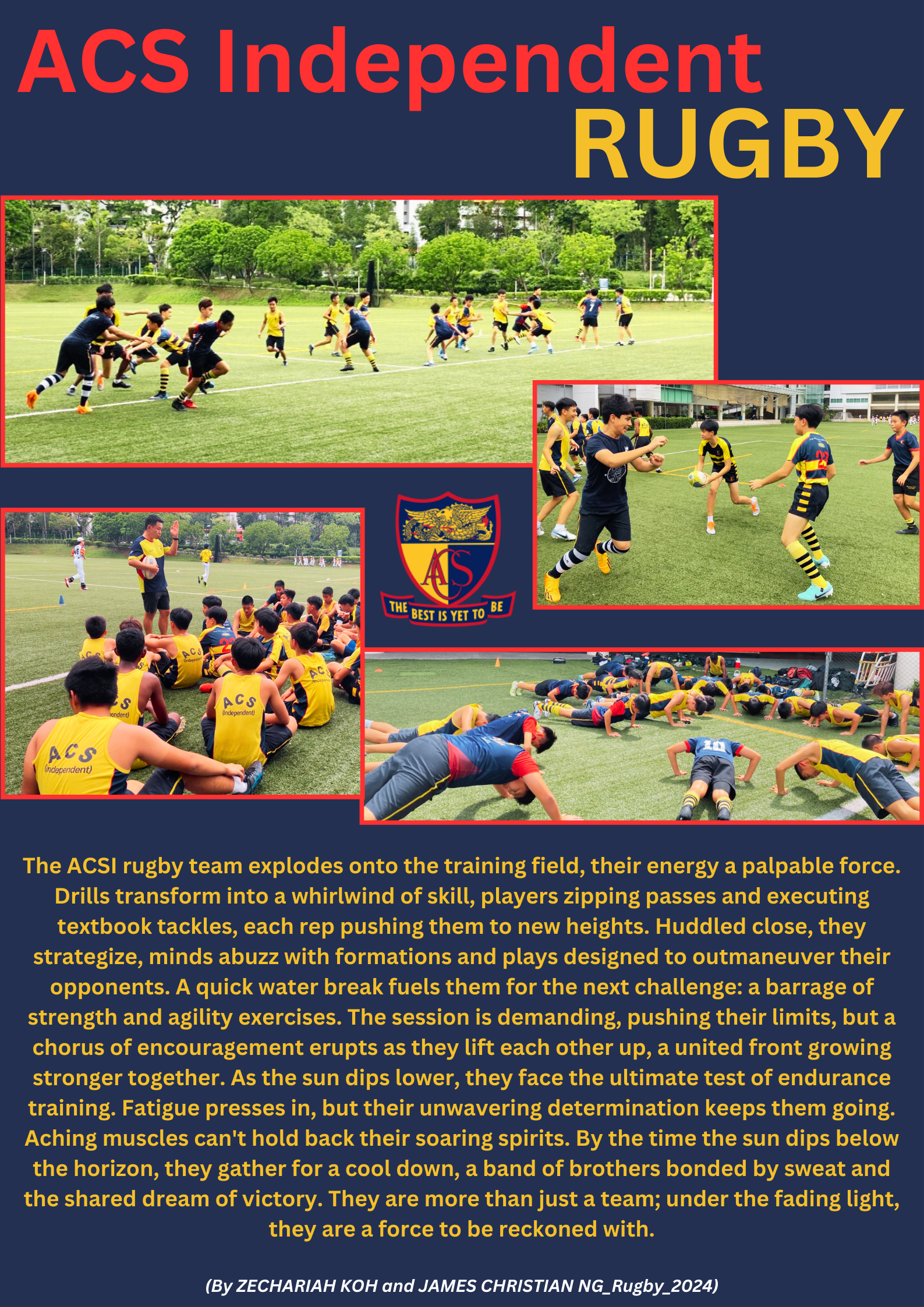 ACS Independent Rugby poster showing students playing, hudding, and doing push-ups during training sessions.