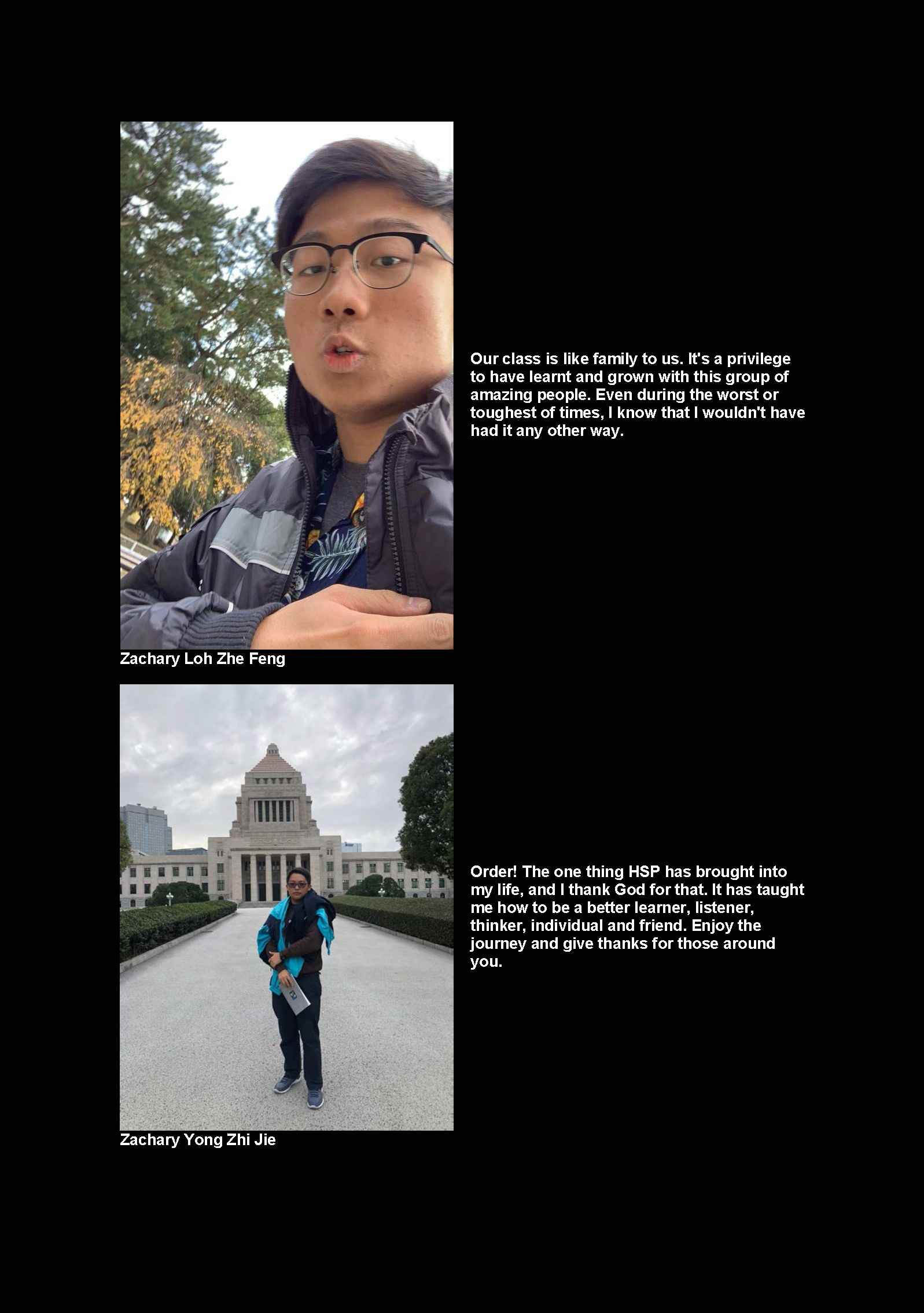 Two photos: a young man with glasses taking a selfie outdoors, and another man standing before a large government building.