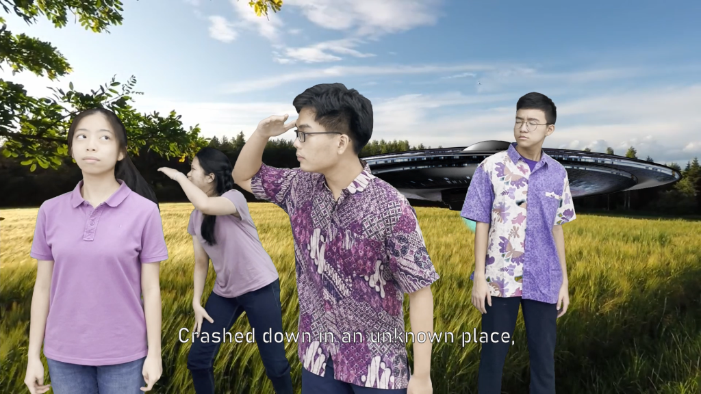 Four young people stand in a field with a UFO in the background and subtitle text reading "Crashed down in an unknown place."