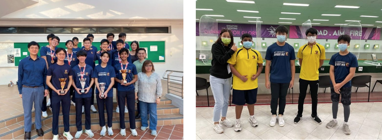 Two group photos of students in shooting team uniforms, some holding trophies, posing indoors at a Singapore shooting range.
