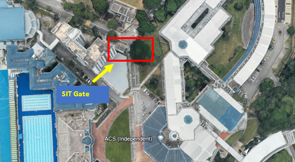 Aerial view of buildings with a red rectangle and yellow arrow marking the SIT Gate near ACS Independent school.