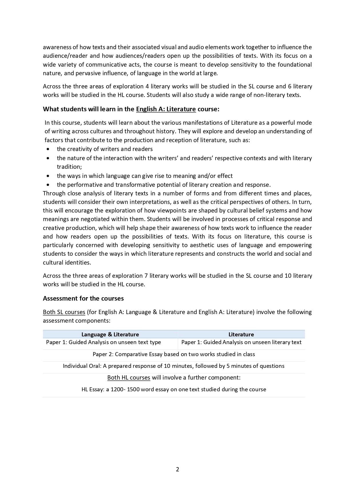 Page 2 of a document describing English A Literature and Language courses, their learning goals, and assessment components.
