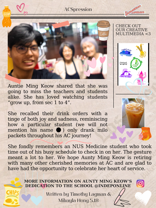 Flyer titled ACSpression with a selfie of a young man with glasses and two older women, alongside text about Auntie Ming Keow.