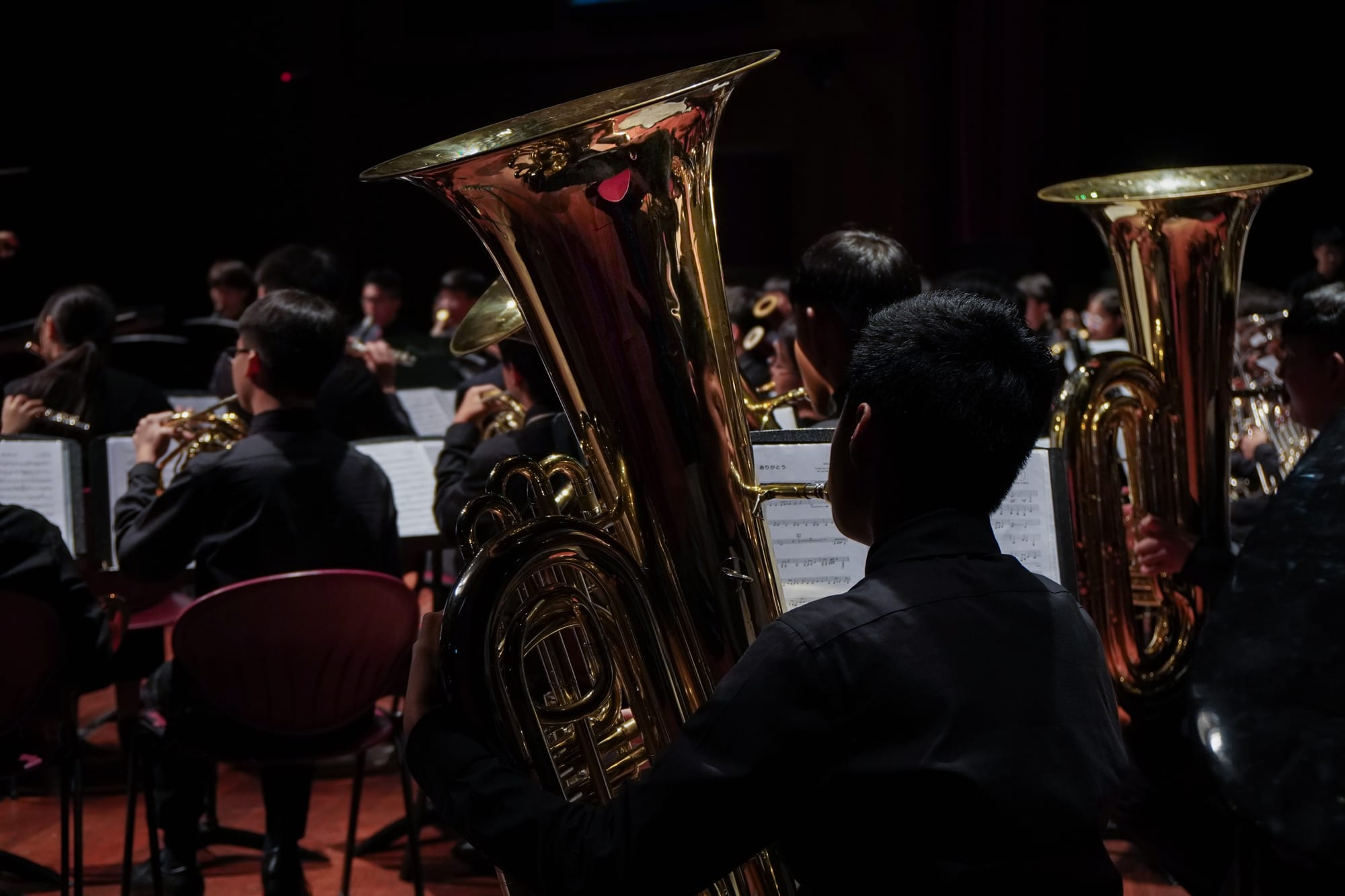 Musicians in black attire play tubas and brass instruments on a dim stage with sheet music stands.