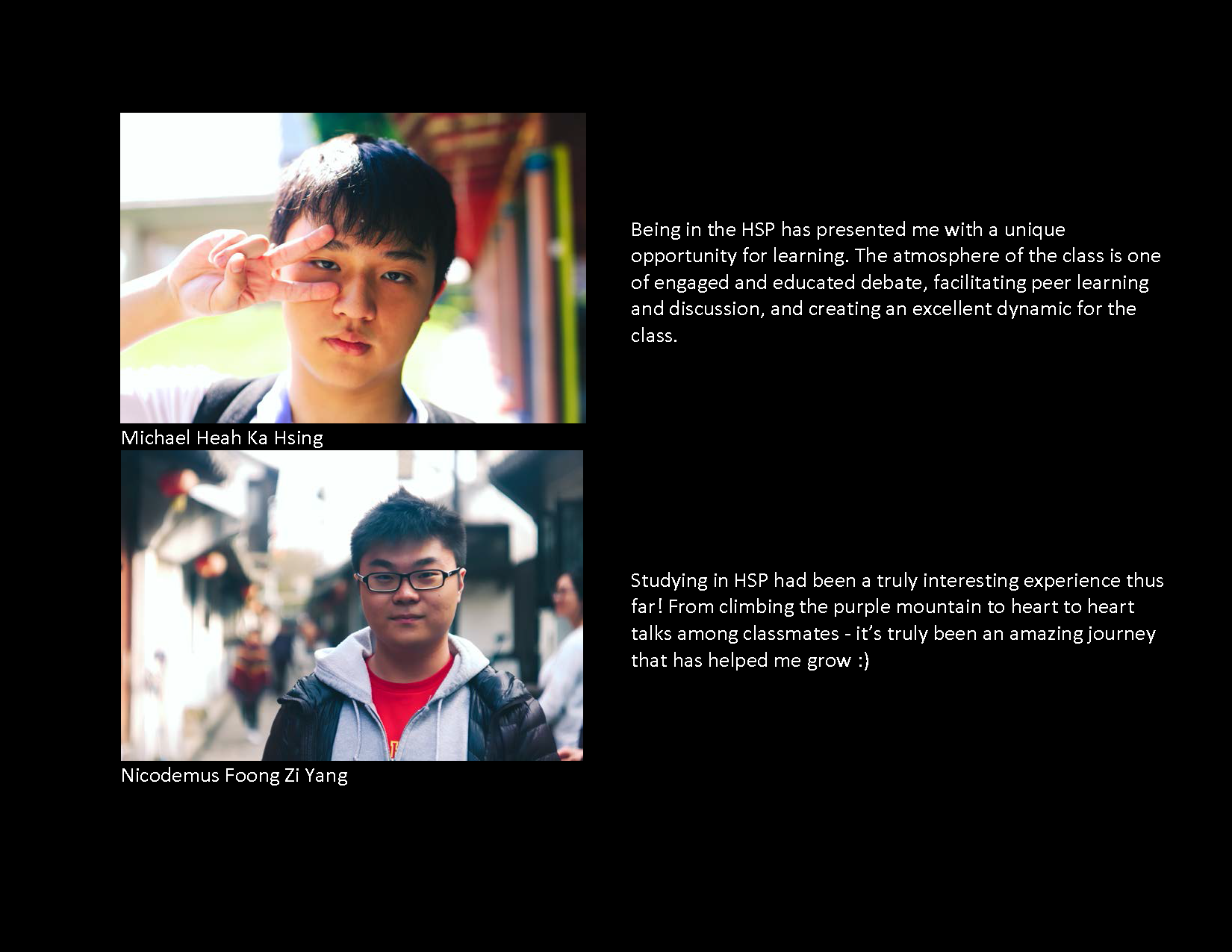Two young men's portraits with their names and quotes about their HSP learning experiences on a black background.