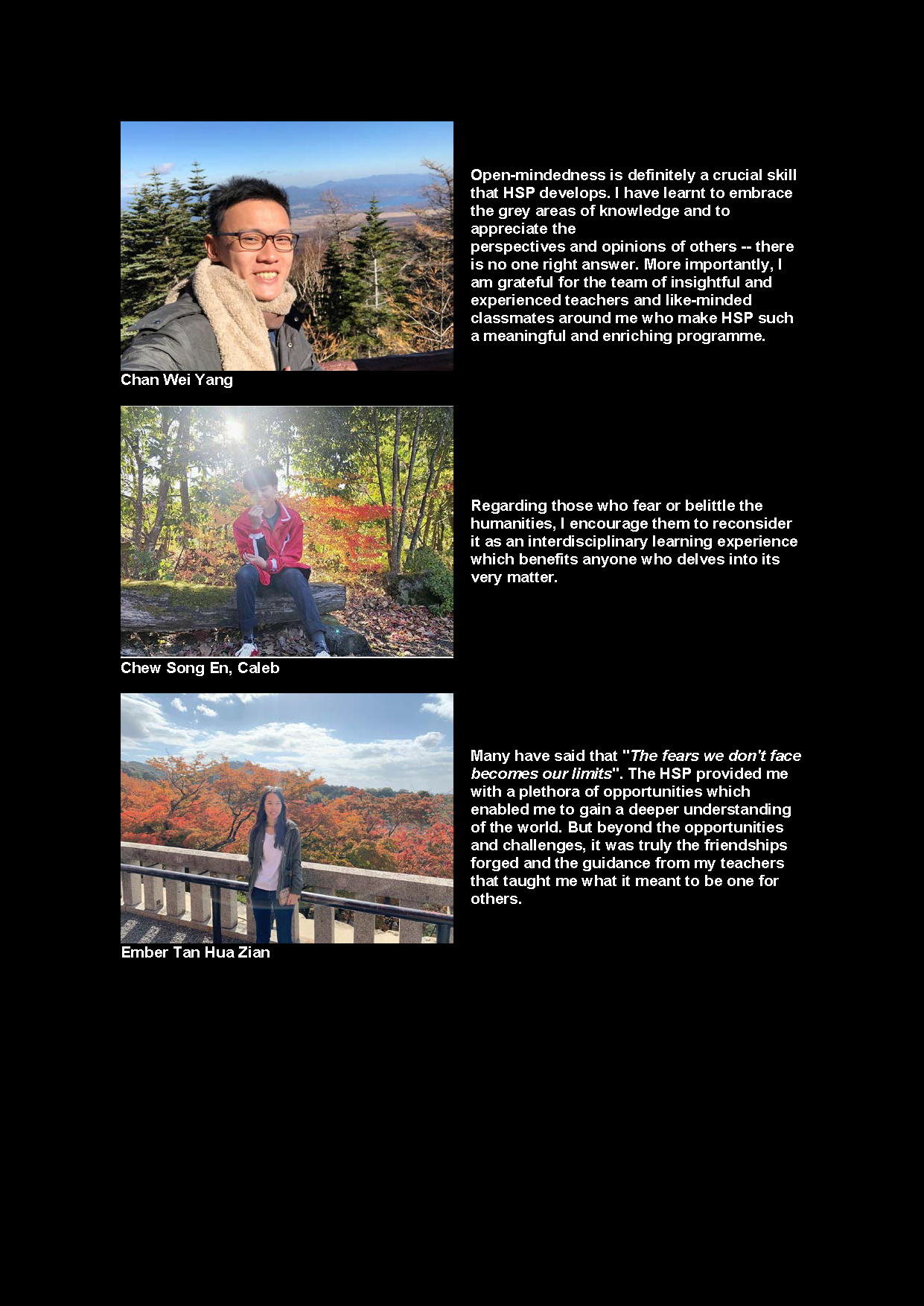 Three student testimonials with photos of Chan Wei Yang, Chew Song En Caleb, and Ember Tan Hua Zian outdoors.