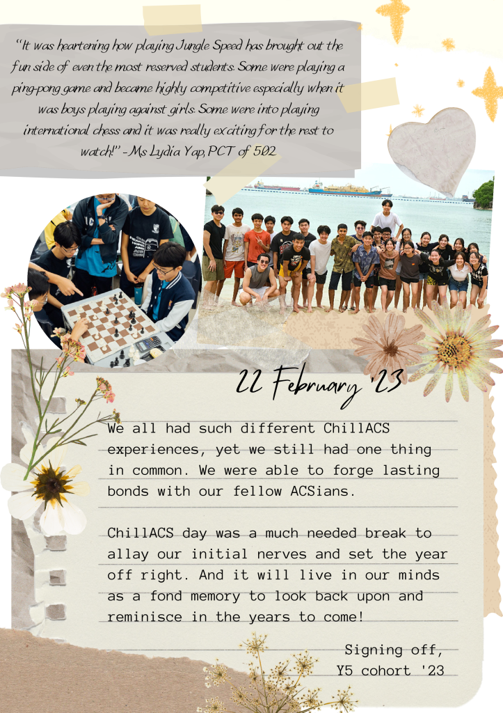 Scrapbook page dated 22 February 2023 with student photos playing chess and posing on a beach, with handwritten notes.
