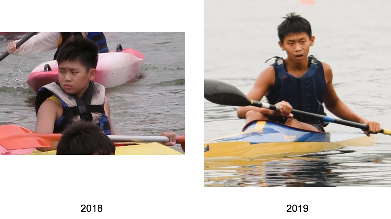 Two photos of a boy kayaking on water in 2018 and 2019, wearing a life vest both years.