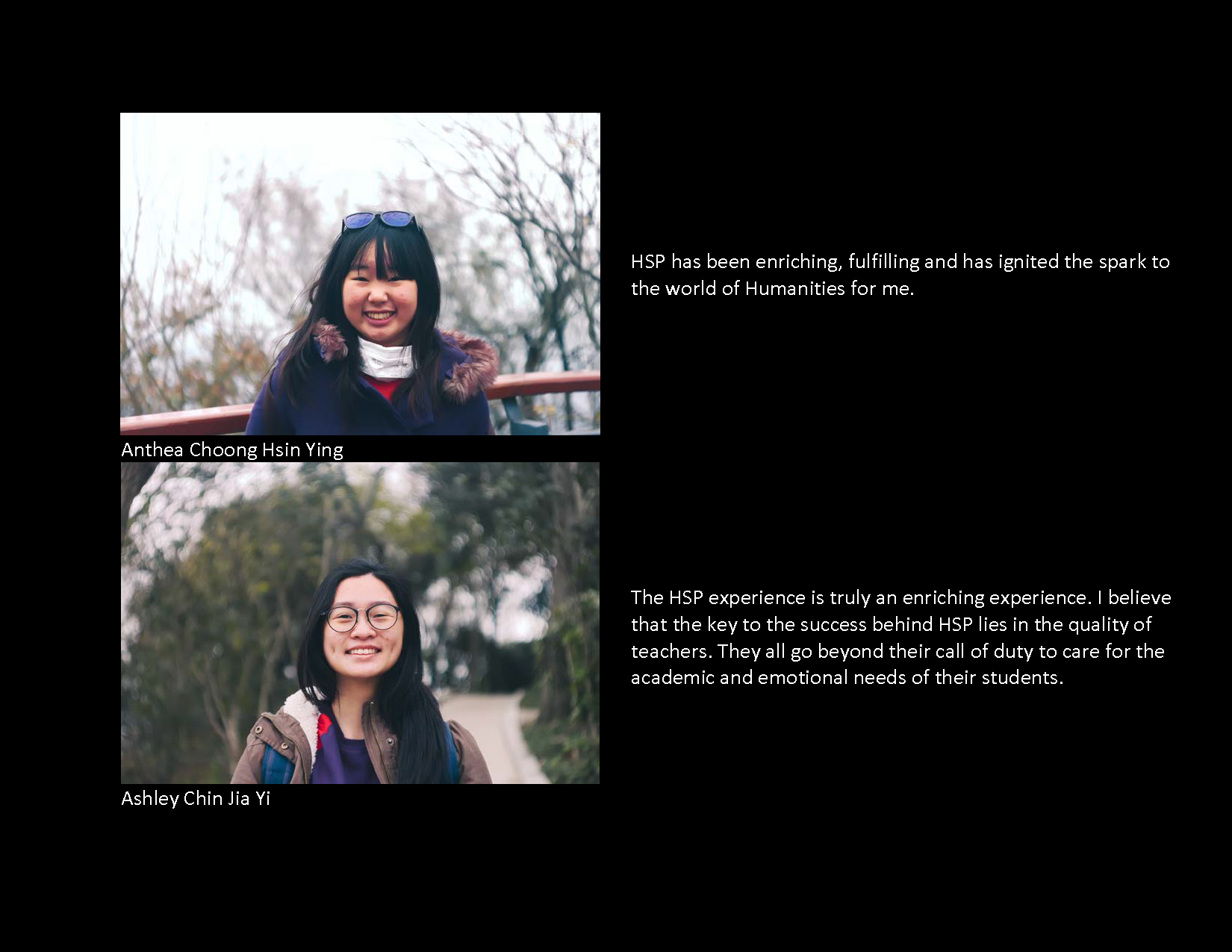 Two smiling young women, Anthea Choong Hsin Ying and Ashley Chin Jia Yi, with quotes about HSP.
