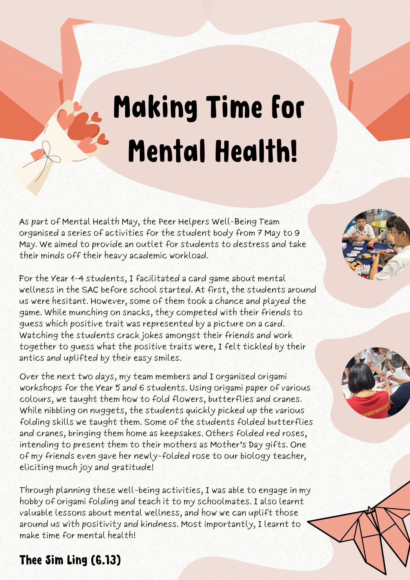 Newsletter titled Making Time for Mental Health with text about student wellness activities and two circular photos of students crafting.