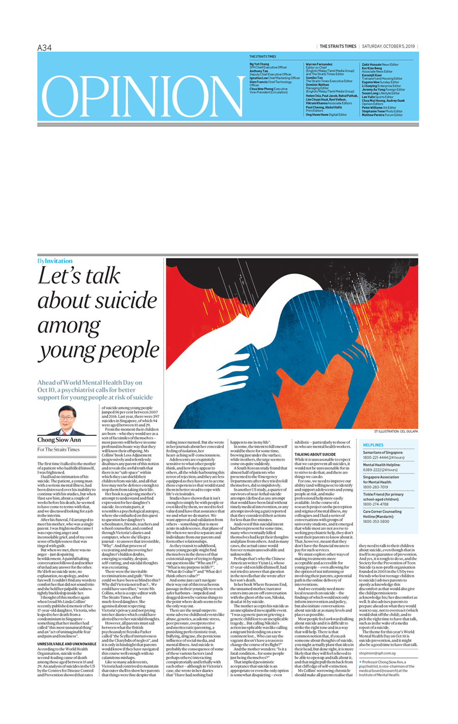 Straits Times Opinion page with the headline "Let's talk about suicide among young people" dated October 5, 2019.