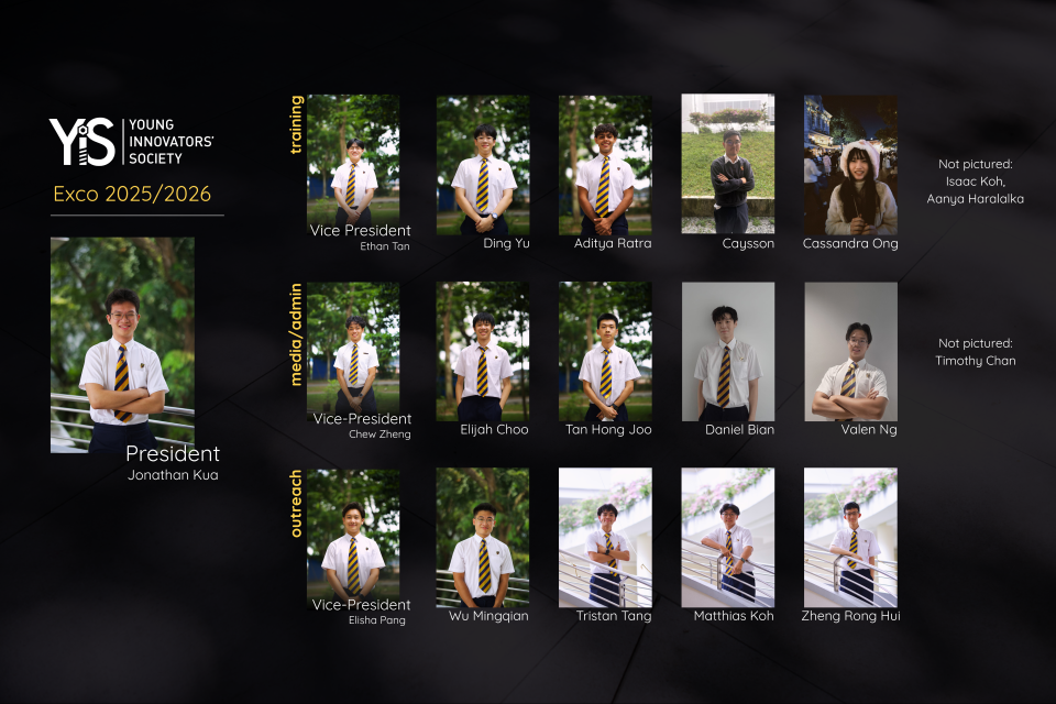 Young Innovators' Society Exco 2025/2026 member photos showing President and Vice-Presidents with their names listed.