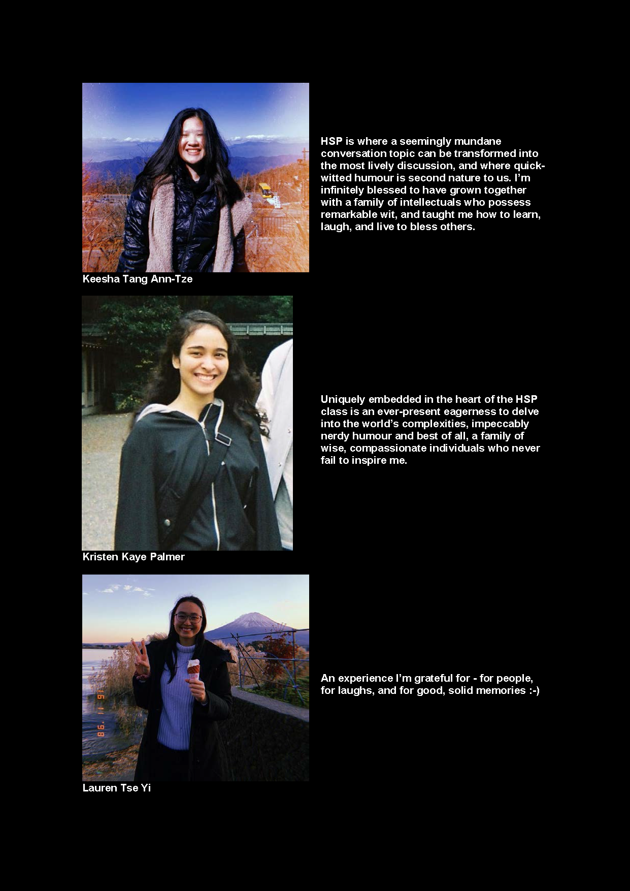 Three named young women each with a photo and quote: Keesha Tang Ann-Tze, Kristen Kaye Palmer, and Lauren Tse Yi.