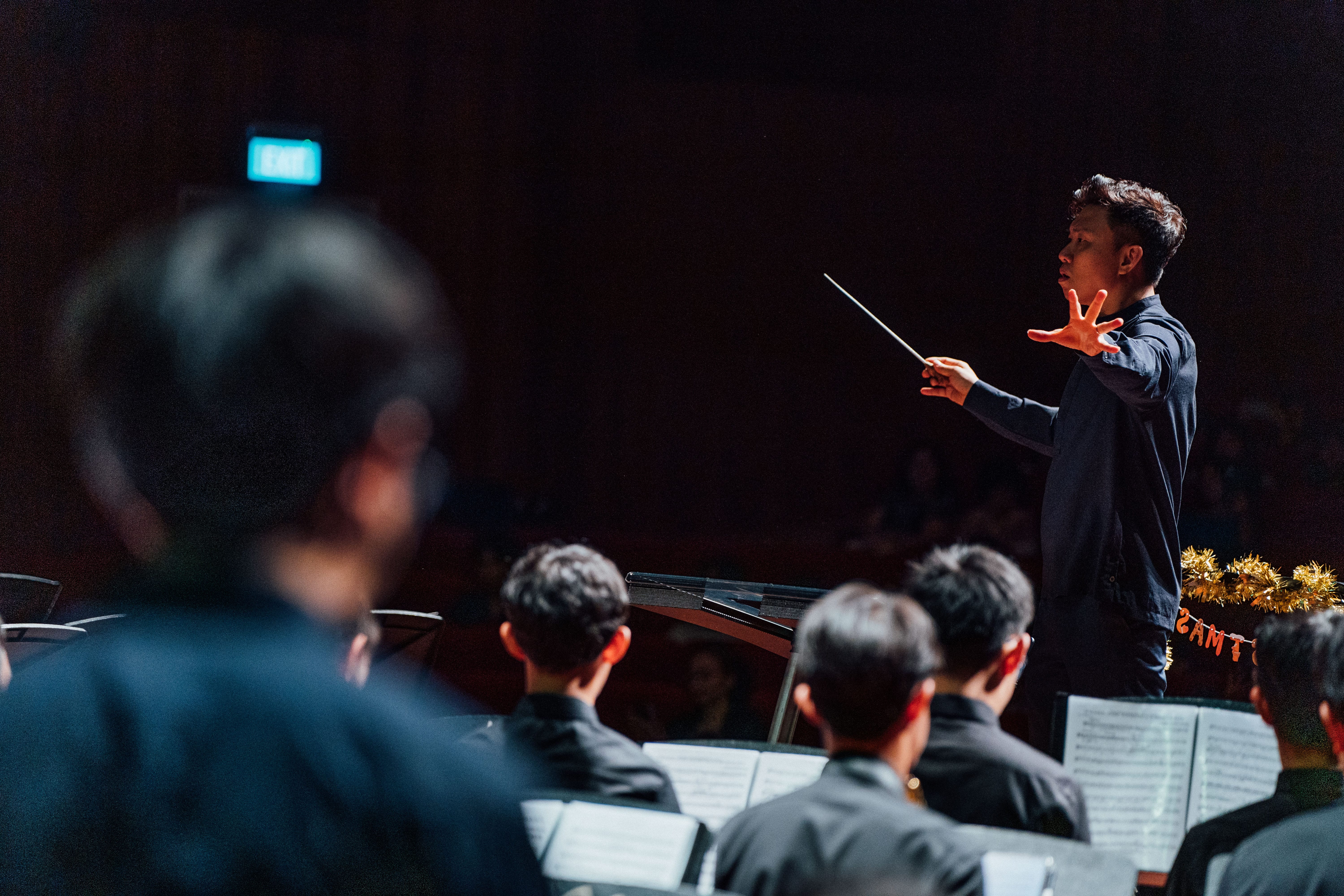 Conductor in black leads an orchestra with baton raised, musicians and music stands blurred in foreground.