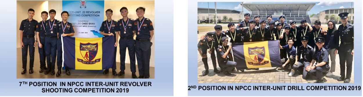Two group photos of uniformed NPCC cadets with medals and a flag, placing 7th in shooting and 2nd in drill competitions 2019.