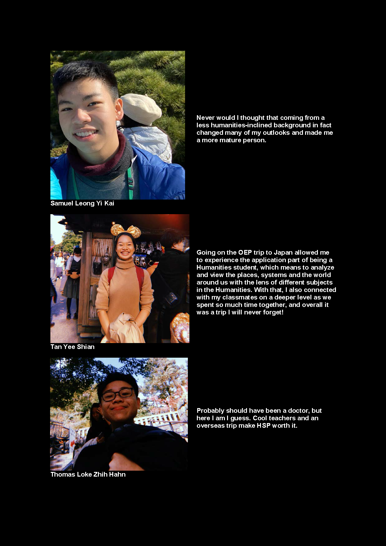 Three student photos with quotes: Samuel Leong, Tan Yee Shian wearing Minnie ears, and Thomas Loke with glasses outdoors.