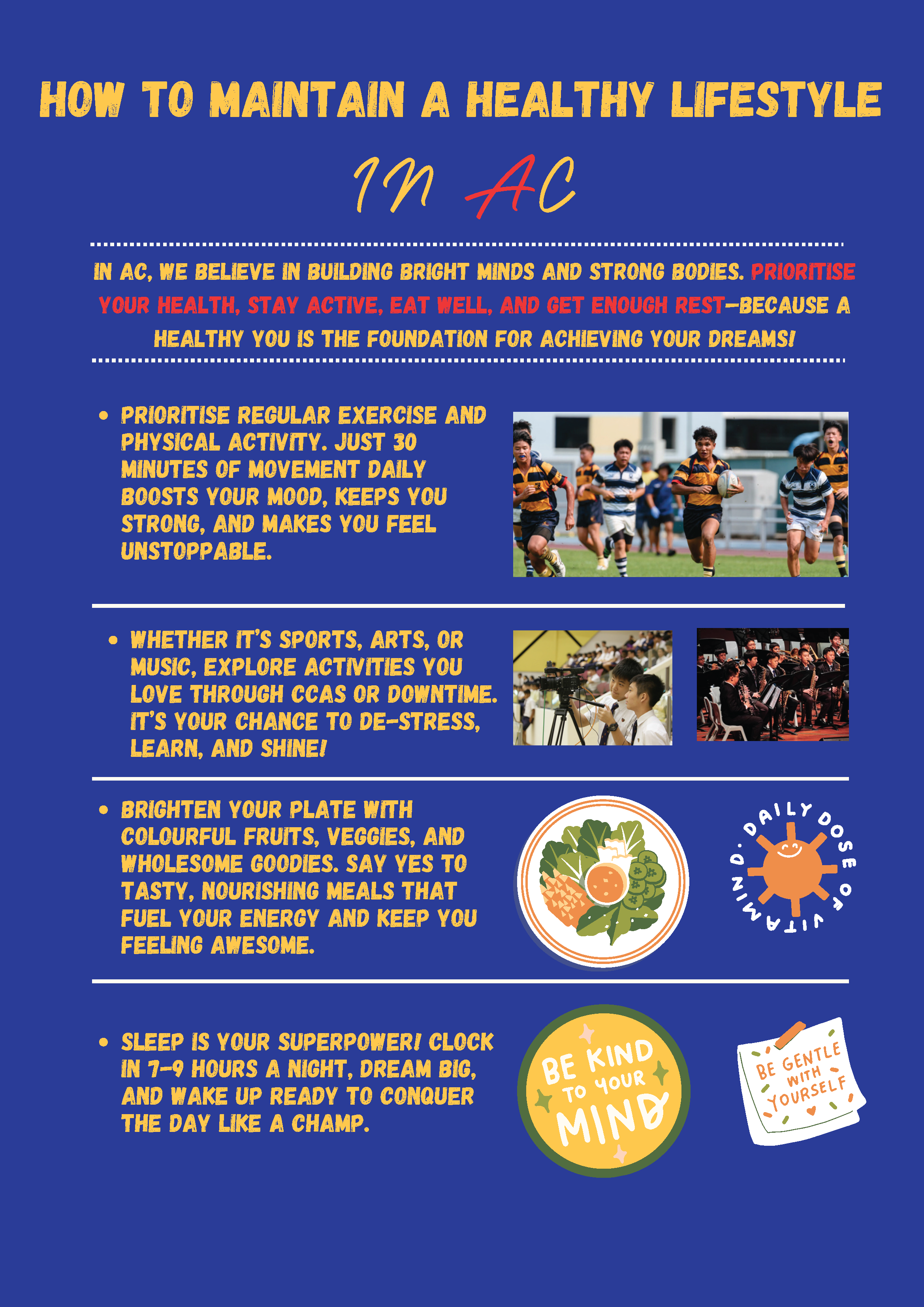 Blue poster titled "How to Maintain a Healthy Lifestyle in AC" with tips on exercise, activities, nutrition, and sleep.