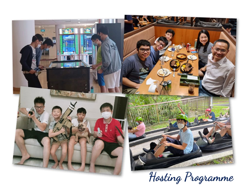 Four photos of a Hosting Programme showing teens at an arcade, dining, sitting on a sofa, and riding a luge.