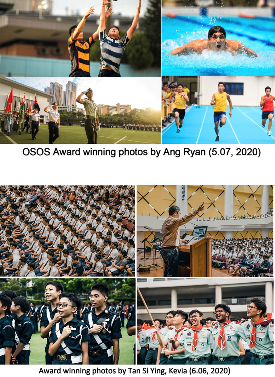 Collage of award-winning school photos showing rugby, swimming, sprinting, cadets, assemblies, and scouts.