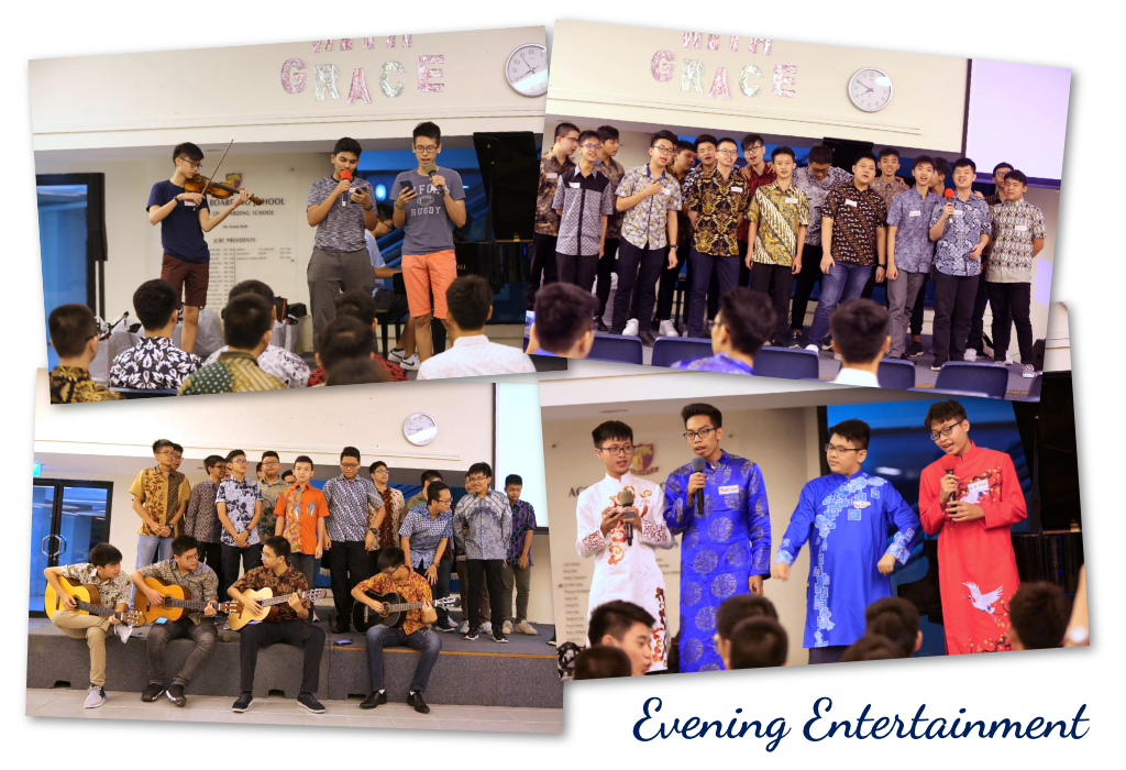 Four photos of young men performing on stage with instruments, singing, and speaking at an Evening Entertainment event.