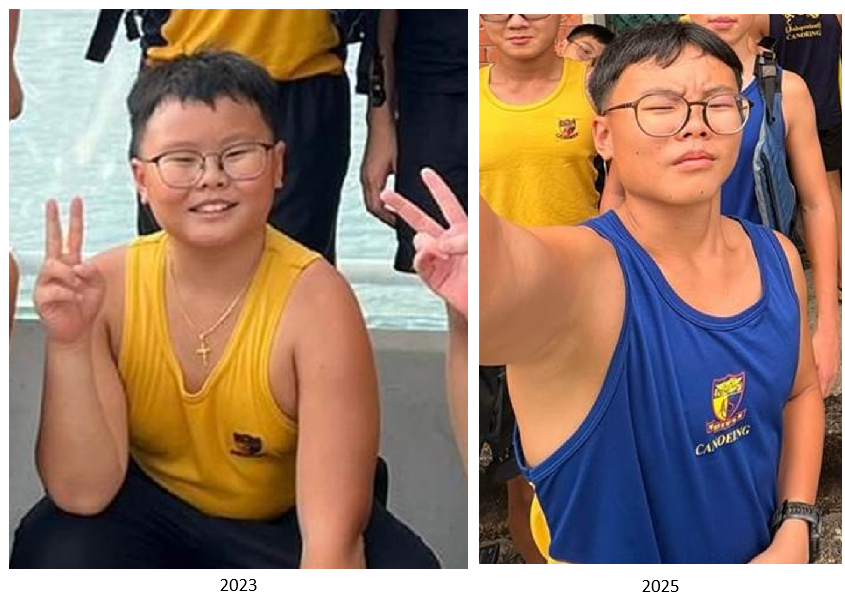 Side-by-side photos of a boy in 2023 wearing yellow, flashing peace signs, and in 2025 wearing a blue canoeing vest.