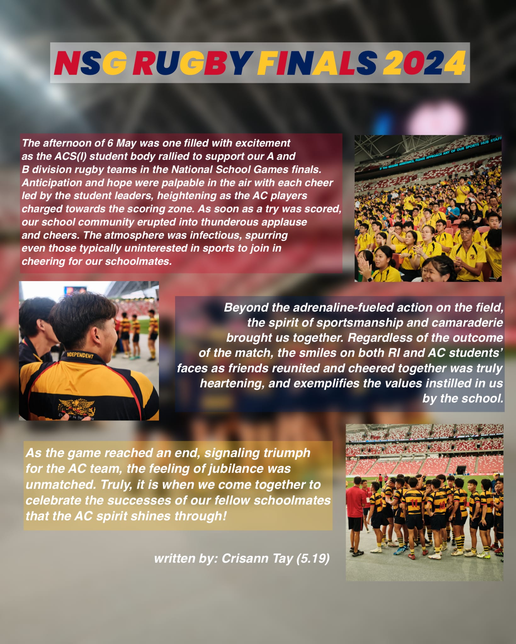 Flyer for NSG Rugby Finals 2024 with photos of students in yellow cheering and rugby players in black and gold jerseys.