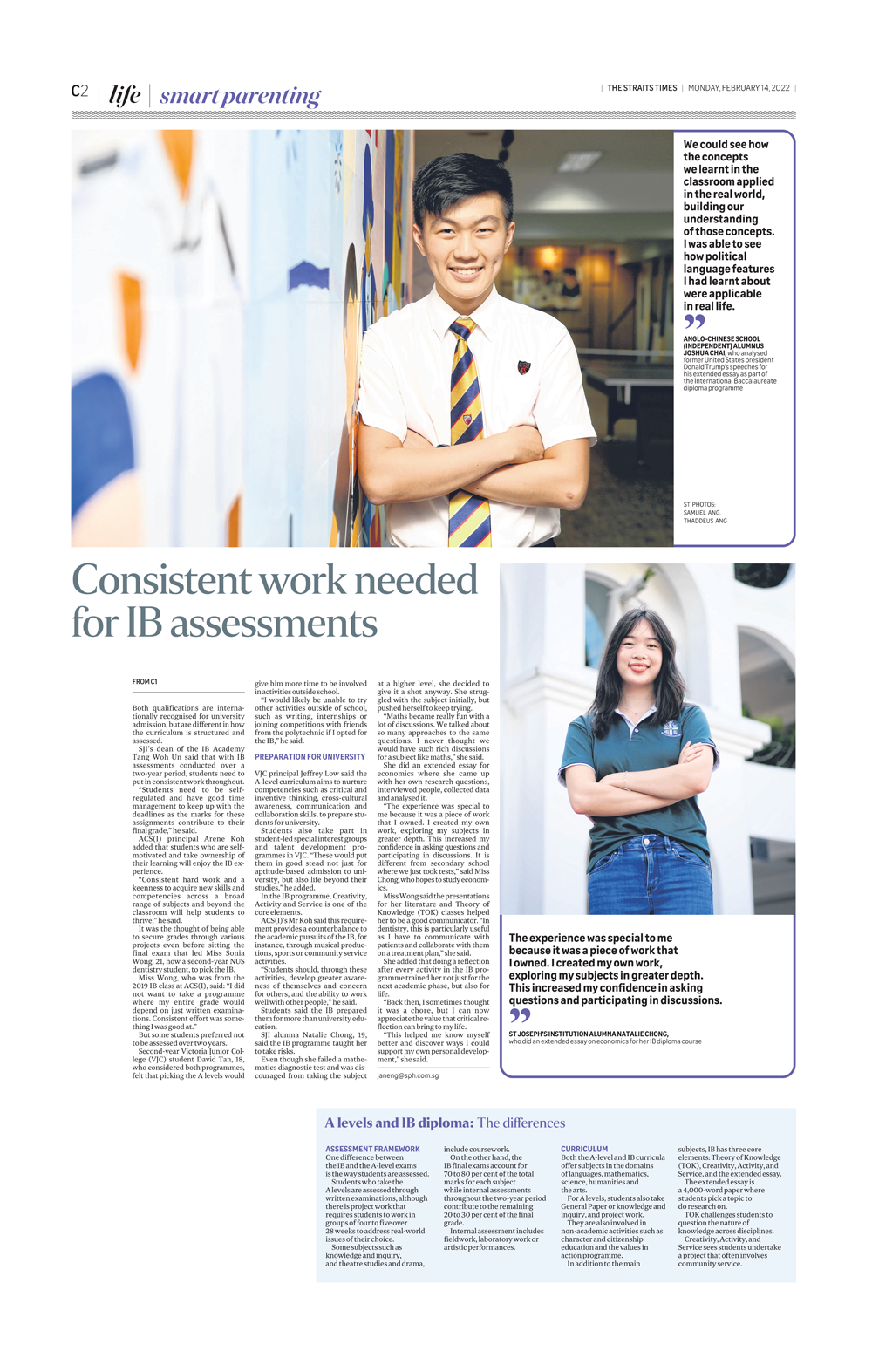 Newspaper article titled "Consistent work needed for IB assessments" with photos of two smiling students in school uniforms.