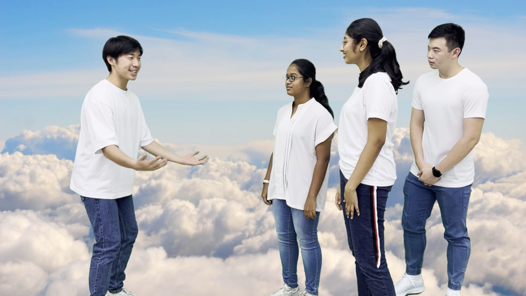Four young people in white tops and jeans stand among clouds, with one gesturing while speaking to the others.