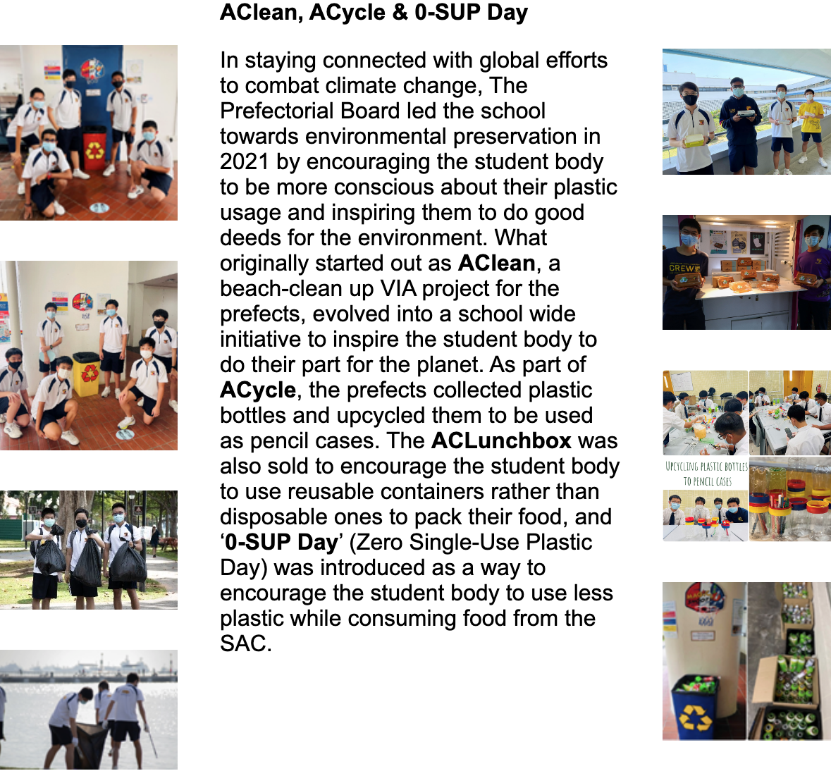 Students in masks participate in AClean, ACycle, and 0-SUP Day activities including recycling and beach cleanup.