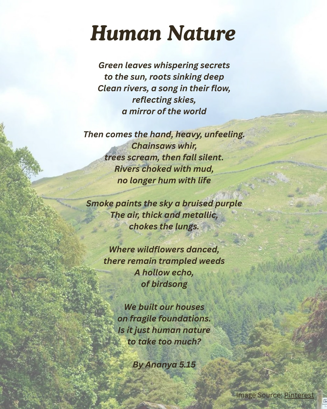 Poem titled Human Nature by Ananya 5.15 overlaid on a green hillside landscape with trees.